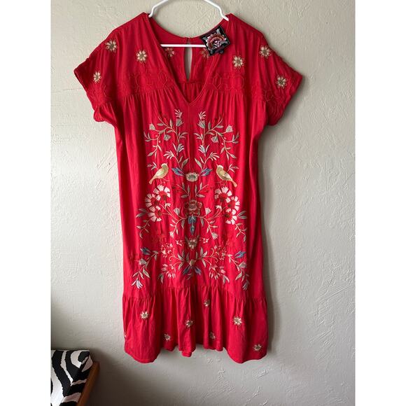 Johnny Was Embroidered Short Sleeve Cotton Dress in Red Size S - Picture 1 of 9
